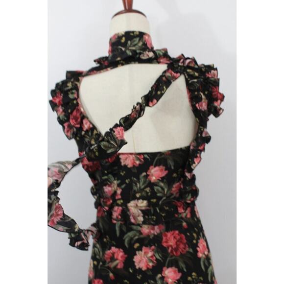 R13 LIBERTY OF LONDON Sz XS Black Pink Rose Floral Silk Dress Ruffle Slit - Picture 7 of 13